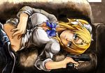  bangs blonde_girl_(itou) blonde_hair blue_eyes borrowed_character bow bra breasts cleavage couch gun handgun large_breasts lying midriff original parted_bangs pistol ponytail school_uniform sig_sauer sig_sauer_p226 sleeves_rolled_up solo syatey trigger_discipline underwear weapon 