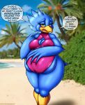 2025 abby_kreewk absurd_res anthro avian beach beak belly bird blue_body blue_feathers blush breasts clothing digital_media_(artwork) english_text feathers female hi_res if_hell_had_a_taste navel navel_outline non-mammal_breasts non-mammal_navel open_beak open_mouth overweight overweight_anthro overweight_female palm_tree plant sand seaside sky solo speech_bubble swimwear tail tail_feathers text tree viroveteruscy water yellow_eyes