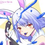  1girl :p animal_ear_fluff animal_ears arm_up bare_shoulders black_gloves blue_hair blue_tongue closed_mouth colored_tongue commentary_request detached_sleeves don-chan_(usada_pekora) gloves hair_between_eyes hand_up highres holding hololive kiritoma long_hair looking_at_viewer puffy_short_sleeves puffy_sleeves rabbit_ears red_eyes short_eyebrows short_sleeves smile solo thick_eyebrows tongue tongue_out twitter_username upper_body usada_pekora usada_pekora_(1st_costume) virtual_youtuber white_background white_sleeves 