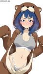  1girl :/ absurdres animegao blue_eyes blue_hair blush breasts commentary cosplay grey_panties highleg highleg_panties highres hot kigurumi large_breasts looking_at_viewer make_heroine_ga_oo_sugiru! mascot_costume medium_hair navel otter_costume paid_reward_available panties paw_pose roswell_ss solo sports_bra stomach sweat underwear white_background yanami_anna 