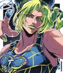 1girl animal_print blue_hair blue_tank_top braid breasts butterfly_print cappuris double_bun english_commentary green_eyes green_hair green_lips green_nails hair_bun heart heart_print highres jojo_no_kimyou_na_bouken kujo_jolyne looking_at_viewer medium_breasts multicolored_hair parted_bangs pointing pointing_at_viewer single_braid solo spider_web_print stand_(jojo) stone_ocean string sword_print tank_top two-tone_hair 