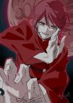  1boy absurdres changpao chinese_clothes collared_shirt cowboy_shot determined evil_smile fighting_stance fingernails furrowed_brow glowing hair_between_eyes happinesscharge_precure! high_collar highres long_sleeves male_focus moon open_mouth outline precure red_(happinesscharge_precure!) red_eyes red_hair red_moon red_outline red_shirt shipu_(gassyumaron) shirt short_hair signature smile solo space 