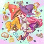  2girls absurdres bear_girl blue_thighhighs brown_hair dress dumpty_alma emil_chronicle_online food hair_ribbon hat highres multiple_girls purple_eyes purple_hair purple_hat purple_thighhighs puzzle_&amp;_dragons red_hat ribbon shelty_(childcatshiorin) striped_clothes striped_thighhighs sweets thighhighs tiny_alma yellow_eyes 