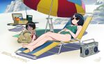  1boy 1girl alternate_universe barefoot beach beach_chair beach_umbrella black_hair blue_eyes blush blush_stickers building_sand_sculpture chair commentary_request copyright_name crossed_legs dated gelgoog_(gquuuuuux) good_end gundam gundam_gquuuuuux hand_on_own_stomach highres holding holding_trowel iseki_shuuichi lying on_back one-piece_swimsuit radio sand sand_sculpture shiiko_sugai shiiko_sugai&#039;s_son short_hair shorts signature smile spoilers swimsuit trowel umbrella 