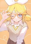  1girl adjusting_eyewear black_skirt blonde_hair blue_eyes blush bow brown_sweater_vest collared_shirt glasses hair_bow hair_ornament hairclip hand_on_eyewear hand_up hazuki_natsu kagamine_rin leaning_forward looking_at_viewer loose_necktie medium_hair necktie one_eye_closed penguin_logistics_logo pleated_skirt shirt simple_background skirt solo sweater_vest twintails vocaloid white_bow white_shirt yellow_background yellow_necktie 