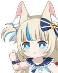  1girl ahoge animal_ear_fluff animal_ears aprob_(meme) blonde_hair blue_bow blue_eyes blue_hair blue_sailor_collar bow bright_pupils cat_ears chibi closed_mouth commentary hair_bow indie_virtual_youtuber long_hair meme multicolored_hair sailor_collar sameko_saba smile solo streaked_hair thumbs_up upper_body virtual_youtuber white_pupils zephylyne 