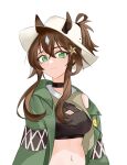  1girl absurdres animal_ears arknights black_choker breasts brown_hair choker cleavage closed_mouth commentary crop_top crossed_bangs dio_ren_bi_li ears_through_headwear emoji green_eyes green_jacket hair_between_eyes hair_ornament hat highres jacket light_smile long_hair looking_at_viewer medium_breasts meteor_(arknights) meteor_(bard&#039;s_holiday)_(arknights) midriff mole mole_under_eye navel official_alternate_costume open_clothes open_jacket sidelocks simple_background solo star_(symbol) star_hair_ornament symbol-only_commentary upper_body white_background white_hat 
