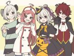  2boys 2girls :d ahoge androgynous aqua_eyes aqua_shirt asymmetrical_legwear bandaid bandaid_on_face bandaid_on_nose black_capelet black_dress black_gloves black_pants black_shirt blue_thighhighs border bow brown_eyes buttons capelet capelet_bow commentary_request cowboy_shot double-breasted dress fang flower_(vocaloid) flower_(vocaloid3) fukase garter_straps gloves green_background green_eyes grin hair_ornament hair_over_one_eye hairclip halloween halloween_bucket halloween_costume hand_in_pocket hat heterochromia high_ponytail long_hair looking_at_viewer looking_to_the_side mismatched_legwear multicolored_dress multiple_boys multiple_girls nurse object_through_head open_mouth orange_bow orange_dress pants ponytail purple_bow purple_eyes purple_streaks purple_trim red_eyes red_hair red_vest screw_in_head sf-a2_miki shirt single_garter_strap skc smile star_(symbol) stitched_face stitches striped_clothes striped_shirt thighhighs utatane_piko vampire_costume vest vocaloid white_border white_gloves white_hair white_thighhighs witch witch_hat 