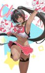  1girl ;d absurdres arm_up armpits bare_shoulders bay_(nikke) black_collar black_hair black_hairband black_socks blue_eyes blush breasts cheerleader clothes_writing collar commentary_request cowboy_shot crop_top crop_top_overhang dark-skinned_female dark_skin fujisaki_subaru goddess_of_victory:_nikke hair_between_eyes hair_intakes hairband high_ponytail highleg highleg_panties highres kneehighs large_breasts lock long_hair miniskirt mole mole_on_breast mole_under_mouth multicolored_hair navel no_bra one_eye_closed open_mouth padlock padlocked_collar panties panty_straps pleated_skirt pom_pom_(cheerleading) ponytail presenting_armpit red_shirt red_streaks revision shirt shorts shorts_under_skirt sidelocks signature skirt sleeveless sleeveless_shirt smile socks solo spiked_collar spikes standing standing_on_one_leg star_(symbol) star_in_eye star_sticker stomach sweat sweaty_armpits symbol_in_eye thigh_strap underboob underwear white_panties 