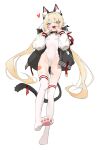  1girl absurdres animal_ears artist_request bandaid_on_thigh black_jacket blonde_hair blue_eyes breasts cat_ears cat_tail commission fake_animal_ears full_body heart highres jacket long_hair long_sleeves looking_at_viewer multicolored_jacket no_shoes one-piece_swimsuit open_clothes open_jacket open_mouth original pointy_ears second-party_source simple_background small_breasts smile solo swimsuit tail thighhighs twintails two-tone_jacket very_long_hair white_background white_jacket white_one-piece_swimsuit white_thighhighs 
