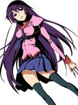  bakemonogatari black_legwear blue_eyes breasts long_hair lowleg monogatari_(series) necktie panties purple_hair school_uniform senjougahara_hitagi skirt solo thighhighs underwear upskirt 