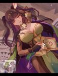  1girl absurdres argyle_clothes black_hair bodystocking book breasts bridal_gauntlets cape circlet cleavage cosplay feathers fire_emblem fire_emblem_awakening fire_emblem_heroes hair_ornament highres hime_cut holding holding_book irisl large_breasts long_hair lying noire_(fire_emblem) noire_(fire_emblem)_(cosplay) official_alternate_costume on_back purple_cape purple_eyes solo tharja_(fire_emblem) tharja_(gloomy_mage)_(fire_emblem) two_side_up 
