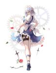  1girl apron between_fingers blue_eyes bow braid breasts dress edz_drawz falling_petals flower frills gears green_bow grey_hair high_heels highres holding holding_knife izayoi_sakuya knife knives_between_fingers maid maid_apron maid_headdress petals pocket_watch red_flower red_rose rose short_hair solo touhou twin_braids waist_apron watch 