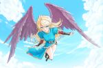 1girl absurdres belt black_belt black_shoes blonde_hair blue_dress blue_eyes blush breasts breath_of_fire breath_of_fire_ii cloud cloudy_sky commentary_request dress feathered_wings fingerless_gloves flying full_body gauntlets gem gloves gold_trim green_gemstone highres leaning_forward long_hair looking_at_viewer making-of_available medium_breasts momo_oddeye nina_(breath_of_fire_ii) outdoors pink_gemstone puffy_short_sleeves puffy_sleeves purple_gloves purple_wings shoes short_sleeves sky solo two_side_up wings 