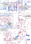 absurd_res age_difference anthro clothing comic cooler detailed_background domestic_cat duo english_text eyebrow_piercing facial_piercing felid feline felis female fictional_product fire_extinguisher gulasauce_(artist) hair hi_res holding_object insult jumpsuit katrina_del_mar majarean male mammal mechanic mercadier_renault multiple_piercings name_tag nose_piercing older_male piercing pigtails rhinoceros septum_piercing short_hair speech_bubble text