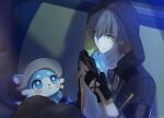  1boy animal animal_ears animal_nose artist_name black_coat black_gloves black_pants blue_eyes blue_fur brown_hat bubbles_(honkai:_star_rail) caelus_(honkai:_star_rail) cellphone chimera_(honkai:_star_rail) closed_mouth coat collarbone commentary_request couch fingerless_gloves gloves grey_hair hair_between_eyes hand_up hat highres holding holding_phone honkai:_star_rail honkai_(series) hood hooded_coat indoors lapels long_sleeves looking_at_another looking_at_phone male_focus night on_couch open_clothes open_coat open_mouth otter_ears pants phone rune_(rne_at) shadow shirt short_hair sitting smartphone t-shirt tail trailblazer_(honkai:_star_rail) two-sided_coat two-sided_fabric white_shirt wings yellow_coat yellow_eyes 