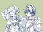  2boys :d ahoge aldo_(another_eden) animal_on_shoulder another_eden armor asymmetrical_horns bell bird bird_on_shoulder blush capelet closed_eyes collarbone collared_capelet commentary_request demon_boy demon_horns double-parted_bangs dunarith_(another_eden) earrings green_background greyscale_with_colored_background hair_between_eyes hand_on_own_hip hatching_(texture) horns jewelry jingle_bell laughing linear_hatching long_pointy_ears long_sleeves looking_at_another looking_to_the_side male_focus michibata_65 mole mole_under_eye multiple_boys necklace open_mouth owl parted_bangs pauldrons pendant pointy_ears popped_collar shirt short_hair shoulder_armor shoulder_belt side-by-side sideways_glance simple_background single_pauldron smile sweatdrop uneven_horns upper_body v-neck 