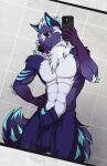 abs animal_genitalia annairu anthro aura balls bathroom blep bodily_fluids canid canine canis cellphone electronics fangs fluffy fluffy_tail fuzzy fuzzy_balls genital_fluids genitals hi_res male mammal mane mirror mythological_canine mythological_creature mythology pecs penis penis_tip phone precum purple_eyes rexxy_(pipinosgr) saggy_balls scar selfie sheath solo tail teeth tongue tongue_out vein veiny_balls werecanid werecanine werecreature werewolf wolf yellow_eyes