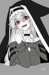  1girl :d absurdres arknights bww_(user_ymyg3237) commentary cropped_torso diamond-shaped_pupils diamond_(shape) evil_smile grey_background greyscale hair_between_eyes hand_up headscarf highres jewelry long_hair long_sleeves looking_at_viewer monochrome open_mouth pendant red_eyes signature simple_background smile solo specter_(arknights) spot_color symbol-only_commentary symbol-shaped_pupils turtleneck 