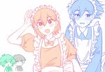  4boys alternate_costume antenna_hair arm_up bailan1130 basil_(faraway)_(omori) basil_(omori) blush chibi enmaided flower hair_flower hair_ornament hero_(faraway)_(omori) hero_(omori) highres kel_(faraway)_(omori) kel_(omori) limited_palette long_sleeves maid maid_headdress male_focus multiple_boys necktie omori open_mouth short_hair simple_background sunny_(omori) sweatdrop white_background 
