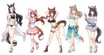  5girls absurdres ahoge almond_eye_(umamusume) alternate_costume alternate_hairstyle animal_ears armpits arms_behind_back arms_behind_head arms_up bails bare_legs bikini black_bikini black_hair blue_eyes blunt_bangs blush braid braided_hair_rings breasts brown_hair chain cleavage collarbone cosplay daring_tact_(umamusume) ear_ornament eishin_flash_(umamusume) eishin_flash_(umamusume)_(cosplay) eyewear_on_head fish flower frilled_bikini frilled_thigh_strap frills full_body gentildonna_(umamusume) hair_between_eyes hair_flower hair_ornament hair_rings hairclip hat heart heart-shaped_eyewear highres holding horse_ears horse_girl horse_tail jewelry large_breasts long_hair looking_at_viewer maruzensky_(blasting_off_summer_night)_(umamusume) maruzensky_(umamusume) maruzensky_(umamusume)_(cosplay) medium_breasts mejiro_mcqueen_(ripple_fairlady)_(umamusume) mejiro_mcqueen_(umamusume) multicolored_hair multiple_girls nail_polish navel necklace ponytail red_eyes red_nails sandals sarong see-through_clothes silence_suzuka_(emerald_on_the_waves)_(umamusume) silence_suzuka_(umamusume) silence_suzuka_(umamusume)_(cosplay) simple_background small_breasts smile standing standing_on_one_leg star_(symbol) star_hair_ornament still_in_love_(umamusume) stomach streaked_hair sunglasses swimsuit tail thigh_strap toenail_polish toenails tracen_swimsuit umamusume white-framed_eyewear white_background white_hair 