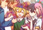  2girls 4boys antenna_hair aubrey_(faraway)_(omori) aubrey_(omori) bailan1130 basil_(faraway)_(omori) basil_(omori) black_eyes black_hair black_sweater_vest blonde_hair blue_hairband blue_sweater blush bright_pupils brothers brown_eyes brown_hair closed_eyes closed_mouth collared_shirt dark-skinned_male dark_skin flower green_sweater_vest grey_eyes grin hair_flower hair_ornament hairband head_wreath hero_(faraway)_(omori) hero_(omori) heterochromia highres jacket kel_(faraway)_(omori) kel_(omori) long_hair long_sleeves looking_at_another mari_(omori) mari_(spirit)_(omori) multiple_boys multiple_girls omori open_mouth pink_hair shirt short_hair short_sleeves siblings smile spoilers sunny_(omori) sweater sweater_vest teeth upper_teeth_only white_jacket white_pupils white_shirt 