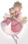  1girl absurdres ahoge azbar_(dragon_quest) banno_watari black_choker black_horns blonde_hair blunt_bangs blunt_ends bow bow_choker character_doll choker collarbone colored_skin commentary_request demon_girl doll dragon_quest dragon_quest_x dress dress_bow flats frilled_dress frilled_wrist_cuffs frills frown full_body hairband hand_on_own_hip highres holding holding_doll horns long_hair looking_to_the_side pink_bow pink_dress pink_skin pointy_ears pout purple_hairband rinverry solo striped_clothes striped_thighhighs thighhighs white_background white_trim wrist_cuffs yellow_eyes 