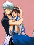  bad_id bad_pixiv_id black_hair blush brown_eyes gintama grey_hair hug japanese_clothes male_focus multiple_boys sakata_gintoki shimura_shinpachi silver_hair uo_(687413) 