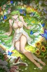  1girl absurdres barefoot bracelet breasts bug butterfly c.c. code_geass dress flower green_hair hair_between_eyes hair_flower hair_ornament hair_spread_out high_heels highres jewelry long_hair on_grass pumps qinyi_chinyi signature single_bare_leg single_thighhigh sleeveless sleeveless_dress solo strapless strapless_dress thighhighs white_dress white_thighhighs 