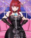  1girl ahoge arm_strap black_arm_warmers black_choker black_dress blue_fire blue_hair blush breasts choker cleavage cosplay dress elizabeth_rose_bloodflame english_commentary fire fire_on_chest highres hololive hololive_english indoors large_breasts leizu02 long_hair multicolored_hair red_eyes red_hair ribbon shiori_novella shiori_novella_(1st_costume) shiori_novella_(cosplay) solo striped_arm_warmers sweatdrop virtual_youtuber white_ribbon window 