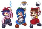  3girls ascot blue_hair bow brown_hair capelet detached_sleeves electricity food frilled_bow frilled_capelet frilled_hair_tubes frilled_shawl frills fruit fruit_hat_ornament hair_tubes hakurei_reimu hand_on_own_hip hat hat_bow hat_ornament hat_ribbon hinanawi_tenshi index_finger_raised kaname-ishi leaf_hat_ornament long_skirt looking_to_the_side mail_(mail_gell) multiple_girls nagae_iku nontraditional_miko orb outstretched_arm peach peach_hat_ornament pointing pointing_up posing purple_hair rainbow_order red_bow red_eyes red_skirt ribbon ribbon-trimmed_sleeves ribbon_trim saturday_night_fever shawl skirt smile touhou yellow_ascot yin_yang yin_yang_orb 