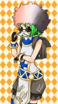  1girl afro black_gloves blue_shirt blue_thighhighs brown_shorts closed_mouth commentary_request cowboy_shot cross cross_print expressionless fake_facial_hair fake_mustache fingerless_gloves gloves green_hair looking_at_viewer looking_over_eyewear meiko_(nattu303) orange_background pelvic_curtain ragnarok_online red_eyes shirt short_hair shorts sleeveless sleeveless_shirt solo sunglasses super_novice_(ragnarok_online) thighhighs turtleneck turtleneck_shirt twirling_mustache two-tone_shirt white_shirt wig 