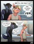  anthro backwards_baseball_cap backwards_hat baseball_cap black_hair blonde_hair blue_eyes bottomwear canid canine canis clothed clothing cole_(granitemcgee) comic curled_tail danny_(granitemcgee) dialogue domestic_pig duo embarrassed english_text fully_clothed fur granitemcgee grey_body grey_fur hair hat headgear headwear hi_res inside male mammal notched_ear pants shirt speech_bubble stubble suid suine sus_(pig) tail tank_top text topwear wolf 
