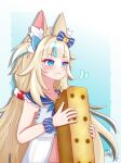  1girl absurdres ahoge animal_ears blonde_hair blue_bow blue_eyes blue_hair blue_scrunchie blush bow cat_ears closed_mouth dress eating fang food hair_bow highres holding holding_food indie_virtual_youtuber lifebuoy_hair_ornament long_hair low_twintails mini_person multicolored_hair one_side_up rei_(2812q) sameko_saba scrunchie sleeveless sleeveless_dress streaked_hair twintails very_long_hair virtual_youtuber white_dress 