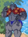 2025 3_fingers alien alien_humanoid aloha_shirt beach blue_clothing blue_eyes blue_sclera blue_speedo blue_swimwear bodily_fluids clothing cloud collared_shirt detailed_background digital_media_(artwork) disney fingers floral_pattern food gantu grey_body hand_on_hip hi_res humanoid lilo_and_stitch looking_at_viewer male midriff muscular muscular_humanoid muscular_male nickelodeon pattern_clothing pattern_shirt pattern_topwear plant popsicle red_clothing red_shirt red_topwear sea shirt small_shirt solo speedo spongebob_popsicle spongebob_squarepants spongebob_squarepants_(character) sweat sweatdrop swimwear teeth tiburalgo topwear tree water