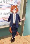 1girl animal_ears blue_jacket blue_pants brown_shoes collared_shirt commentary cool_s crossed_ankles door dress_shirt english_commentary english_text grin hands_up highres horse_ears horse_girl horse_tail indoors jacket medium_hair meme meme_request mouhantain open_clothes open_jacket orange_hair pants plaid_clothes plaid_pants purple_eyes shirt shoes smile solo standing suit t.m._opera_o_(umamusume) tail umamusume white_shirt whiteboard 