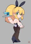  1girl android animal_ear_hairband animal_ears ass bare_shoulders black_hairband black_leotard black_pantyhose black_shoes blonde_hair blush chibi chibi_only closed_mouth energy_tank fake_animal_ears fake_tail full_body green_eyes grey_background hairband high_heels highres leotard medium_hair mega_man_(series) miyata_(lhr) pantyhose ponytail roll_(mega_man) shoes simple_background solo tail wrist_cuffs 
