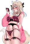  1girl acedia animal_ear_fluff animal_ears black_garter_belt blonde_hair blue_hair blush bra breasts cellphone cleavage commentary_request criss-cross_halter dog_ears dog_girl dog_tail english_commentary frilled_bra frilled_panties frilled_thigh_strap frills fuwawa_abyssgard garter_belt halterneck hand_up highres holding holding_phone hololive hololive_english jacket jacket_partially_removed large_breasts leopard_print_bra leopard_print_panties lingerie looking_at_phone medium_hair multi-strapped_bra multicolored_hair navel o-ring o-ring_bottom o-ring_panties open_mouth paid_reward_available panties phone pink_bra pink_eyes pink_jacket pink_panties simple_background smartphone solo stomach streaked_hair tail thigh_strap underwear virtual_youtuber white_background 