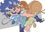  2girls absurdres animal_ear_fluff animal_ears ankle_socks arisugawa_himari asymmetrical_legwear big_hair black_boots black_gloves black_jacket blue_eyes blue_hair blue_skirt blue_theme boots brown_eyes brown_hair brown_sandals brown_skirt bubble_skirt carrying caution_tape cherry_earrings clenched_teeth crown cure_custard cure_gelato earrings eyelashes food food-themed_clothes food-themed_earrings food-themed_hair_ornament food_print foot_out_of_frame frilled_skirt frilled_socks frills fur-trimmed_jacket fur_trim gloves gold_crown hair_ornament hairband hand_on_another&#039;s_back hand_on_another&#039;s_shoulder high_heel_sandals high_side_ponytail highres ice_cream ice_cream_cone jacket jewelry kirakira_precure_a_la_mode kneehighs large_tail leg_up lion_ears lion_girl lion_tail long_hair magical_girl mini_crown miniskirt multiple_girls open-toe_boots open_mouth paw_socks pleated_skirt pleated_sleeves precure princess_carry pudding ringlets running sandals shipu_(gassyumaron) shirt short_sleeves signature single_sock single_thighhigh skirt socks squirrel_ears squirrel_girl squirrel_tail sweatdrop tail tareme tategami_aoi teeth thighhighs torn_clothes torn_thighhighs two-tone_skirt v-shaped_eyebrows wavy_hair white_background white_gloves white_shirt white_skirt yellow_hairband yellow_skirt yellow_socks 