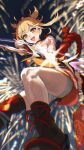 1girl aiming aiming_at_viewer arm_tattoo asymmetrical_legwear bandages blonde_hair bow_(weapon) chest_sarashi chest_tattoo choker feet_out_of_frame fireworks from_below genshin_impact hadanugi_dousa highres japanese_clothes kimono midair night open_mouth orange_kimono outdoors ponytail red_rope rope sarashi short_hair single_bare_shoulder smile solo sparkle tattoo teeth tree_bowbow upper_teeth_only weapon yellow_eyes yoimiya_(genshin_impact) 