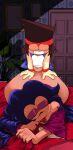  ass blue_hair brown_hair coat dark-skinned_female dark_skin fingernails highres huge_ass k.o._(ok_k.o.!) long_fingernails long_hair mature_female ok_k.o.!_let&#039;s_be_heroes on_bed sex sweat vampire wide_hips wilhamena yellow_elephant 