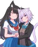  2girls :3 ahoge animal_ear_fluff animal_ears aqua_bow aqua_bowtie arms_around_waist black_hair black_jacket black_tail blazer blue_sailor_collar blue_skirt blunt_ends blush bow bowtie brown_cardigan cardigan cat_ears cat_girl cat_tail closed_eyes closed_mouth collarbone collared_shirt commentary_request cowboy_shot dot_nose grid_print highres holding_hands hololive hug jacket kyo_se long_hair long_sleeves looking_at_another multiple_girls mutual_hug nekomata_okayu oozora_subaru open_clothes open_jacket pleated_skirt purple_eyes purple_hair purple_tail red_bow red_bowtie sailor_collar school_uniform serafuku shirt short_hair short_sleeves simple_background skirt smile standing tail very_long_hair virtual_youtuber white_background white_shirt yuri 