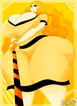 2025 anthro art_fight big_breasts big_butt bovid breasts butt cane caprine cleavage clothed clothing digital_media_(artwork) dress female goldie_goldentale hair hi_res huge_breasts huge_butt larger_female looking_at_viewer looking_down looking_down_at_viewer mammal masterj291 orange_hair sheep simple_background size_difference solo thick_thighs unimpressed yellow_background yellow_body