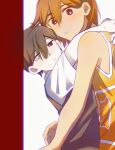  2boys absurdres antenna_hair arms_around_neck bailan1130 bare_arms bare_shoulders black_eyes black_hair black_sweater_vest bright_pupils brown_hair closed_mouth double-parted_bangs frown hair_behind_ear hair_between_eyes heterochromia highres hug kel_(faraway)_(omori) kel_(omori) looking_at_viewer male_focus multiple_boys no_sclera omori orange_shirt pale_skin shirt short_hair short_sleeves sideways_glance simple_background sleeveless sleeveless_shirt spoilers sunny_(omori) sweater_vest upper_body very_short_hair white_background white_eyes white_pupils white_shirt white_trim yaoi 