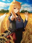  1girl :p absurdres animal_ear_fluff animal_ears black_skirt black_vest blue_shirt blue_sky brown_hair closed_mouth cloud cloudy_sky dsru fur-trimmed_skirt fur-trimmed_vest fur_trim hand_up highres holo index_finger_raised long_hair long_sleeves looking_at_viewer outdoors pouch red_eyes shirt sidelocks skirt sky smile solo spice_and_wolf tail tongue tongue_out vest wheat wheat_field wolf_ears wolf_girl wolf_tail 