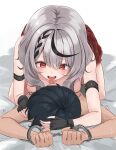  1boy 1girl absurdres all_fours arm_strap bdsm black_gloves black_hair blush bondage bound bound_wrists braided_sidelock breast_press breasts cleavage commentary_request cuffs double-parted_bangs femdom fingerless_gloves girl_on_top gloves grey_hair hair_between_eyes handcuffs hetero highres hololive large_breasts licking licking_ear long_bangs looking_at_another lying medium_hair motion_lines multicolored_hair nail_polish nude on_bed open_mouth plaid_clothes plaid_skirt pleated_skirt raised_inner_eyebrows red_eyes red_nails red_skirt sakamata_chloe short_hair sidelocks skirt streaked_hair sweat tongue tongue_out tonton_utaro topless_female virtual_youtuber 