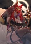  1girl absurdres animal_ear_fluff animal_ears artist_name black_gloves black_thighhighs breasts commission crossed_legs elbow_gloves gem gloves gold_collar gold_trim highres holding indie_virtual_youtuber kurotsuki_arts long_hair mismatched_thighhighs mouth_veil nephernya_(vtuber) red_gemstone red_hair see-through_clothes solo tail thigh_strap thighhighs veil virtual_youtuber yellow_eyes 