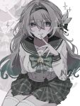  1girl :3 black_hairband black_ribbon blush bow bowtie buttons collared_shirt double-breasted firefly_(honkai:_star_rail) firefly_(spring_missive)_(honkai:_star_rail) gradient_hair green_bow green_bowtie green_pupils grey_sailor_collar grey_skirt hair_between_eyes hair_intakes hair_ornament hair_ribbon hairband hand_on_own_chin honkai:_star_rail honkai_(series) long_hair long_sleeves multicolored_eyes multicolored_hair plaid_bow plaid_bowtie plaid_clothes pleated_skirt ribbon rurusorachan sailor_collar shirt simple_background skirt smile solo sparkle star_(symbol) thighhighs twitter_username two-tone_eyes white_background white_shirt white_sleeves white_thighhighs 