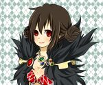 1girl argyle_background argyle_clothes argyle_dress blush breasts brown_hair cleavage closed_mouth commentary_request double_bun dress fur_collar grey_background hair_bun looking_at_viewer medium_breasts meiko_(nattu303) ragnarok_online red_eyes smile solo sorcerer_(ragnarok_online) white_dress 