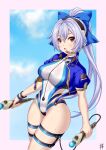  1girl blue_bow blue_jacket blue_one-piece_swimsuit blue_sky blush bow breasts controller fate/grand_order fate_(series) guriguri_(arayotto4351) hair_bow headset highleg highleg_one-piece_swimsuit highres jacket large_breasts long_hair looking_at_viewer one-piece_swimsuit open_clothes open_jacket open_mouth ponytail red_eyes short_sleeves sky solo swimsuit thigh_strap thighs tomoe_gozen_(fate) tomoe_gozen_(swimsuit_saber)_(first_ascension)_(fate) two-tone_swimsuit white_hair white_one-piece_swimsuit wristband 